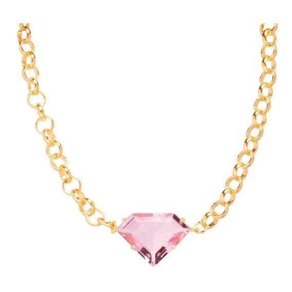 Colar Choker Corrente Elo E Pingente Pedra Rosa Folheado Cor Dourado Foto 1