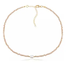 Colar Choker Dourado Cristais Champagne E Pérola Sofisticado Foto mini 1