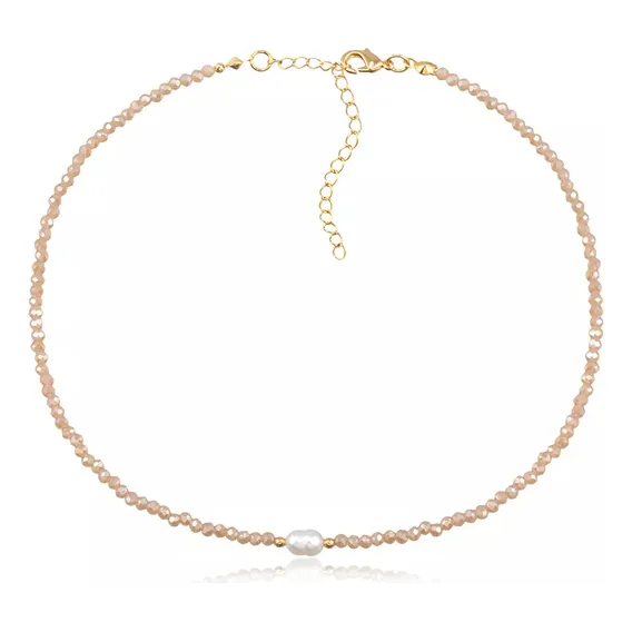 Colar Choker Dourado Cristais Champagne E Pérola Sofisticado Foto 1