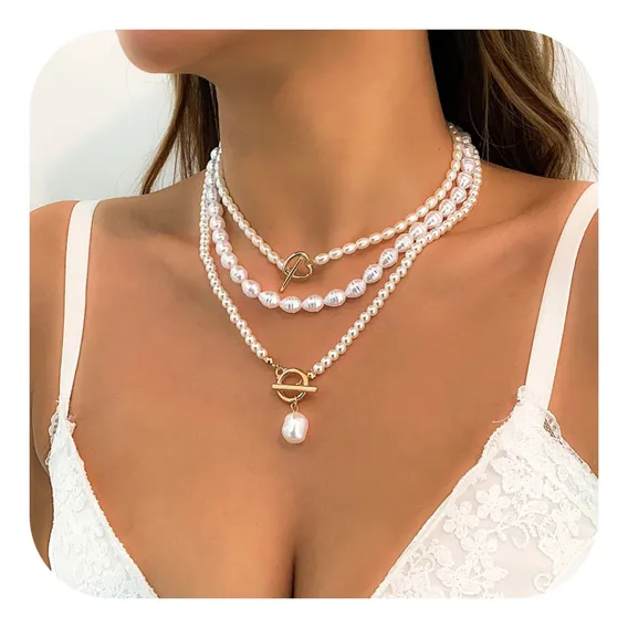 Colar Choker Feminino Trio Pérolas Elegante Folheada A Ouro Cor Dourado Foto 1
