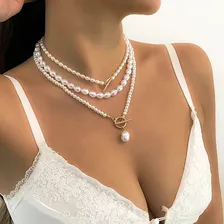 Colar Choker Feminino Trio Pérolas Elegante Folheada A Ouro Cor Dourado Foto mini 2