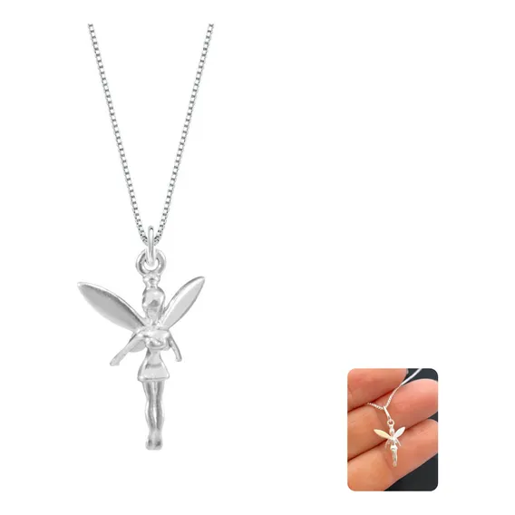 Colar Com Pingente Fada Sininho Tinker Bell 45cm Prata 925 Cor Cinza Foto 1