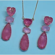 Colar Coração Pedra Cor Quartzo Rosa Semijoia Com Brincos Foto mini  2