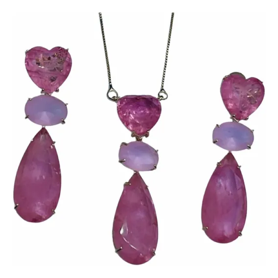 Colar Coração Pedra Cor Quartzo Rosa Semijoia Com Brincos Foto 1