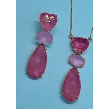 Colar Coração Pedra Cor Quartzo Rosa Semijoia Com Brincos Foto mini  3