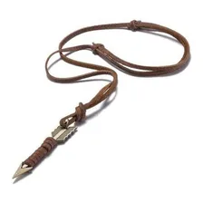 Colar Cordão Masculino Feminino Couro Pingente Flecha Em Aço Cor Marrom-escuro Foto mini 1