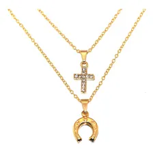 Colar Country Duplo Crucifixo Ferradura Folheado Ouro 18k Foto mini 2