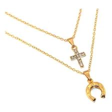 Colar Country Duplo Crucifixo Ferradura Folheado Ouro 18k Foto mini 1