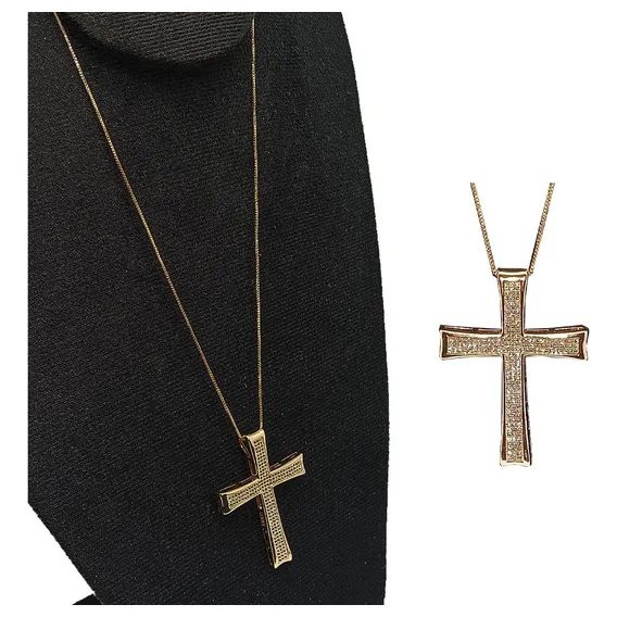 Colar Crucifixo Cravejado Zircônia Folheado Ouro -r.03 Foto 1