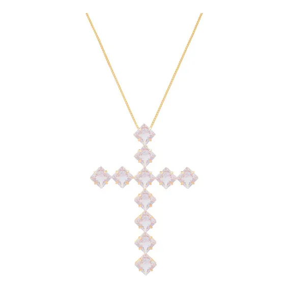 Colar Crucifixo Grande Quadrada Zircônia Folheado A Ouro 18k Foto 1