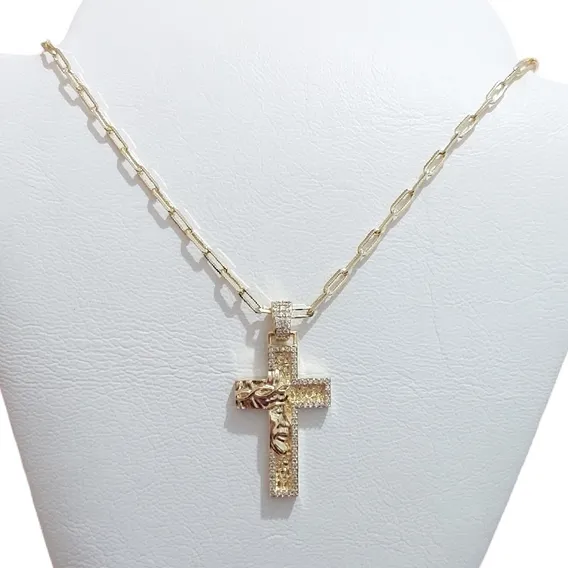 Colar Cruz Crucifixo Jesus Masculino Zirconia Banhado Ouro Cor Dourado Foto 1