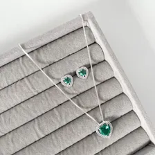 Colar De Prata 925 Coração Verde Turmalina Cravejado Cor Prateado Foto mini  2