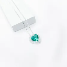 Colar De Prata 925 Coração Verde Turmalina Cravejado Cor Prateado Foto mini  3