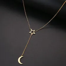 Colar Dourado Feminino Lua Estrela Aço Inoxidável Casamento Foto mini 2