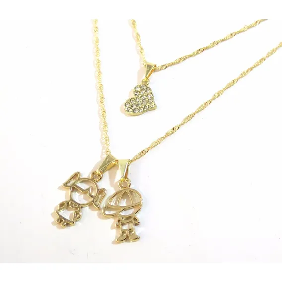 Colar Duplo Filhos De Casal + Pingente Cachorro Folheado!! Cor Dourado Foto 1