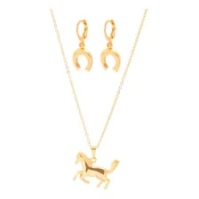 Colar E Brinco Ferradura Cavalo Folheado A Ouro18k Cor Dourado Foto mini 1