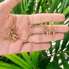 Colar E Brinco Ferradura Cavalo Folheado A Ouro18k Cor Dourado Foto mini 2