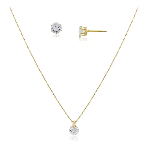 Colar E Brinco Ponto De Luz De Zirc么noa Banhado A Ouro 18k Foto 1