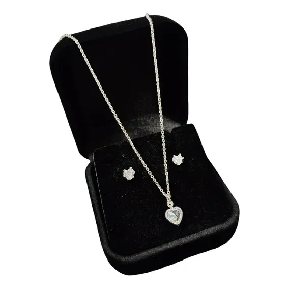 Colar E Brincos Feminino Prata 925 Pura Ponto De Luz Coração Cor Prateado Foto 1