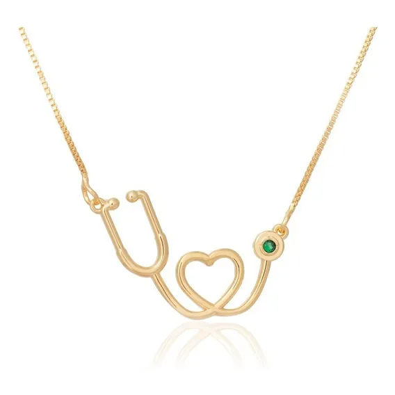 Colar Estetoscópio Médico Medicina Enfermagem Cor Dourado Foto 1