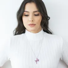 Colar Fé Cravejado Vinho Ródio Branco Cor Prateado Foto mini 4