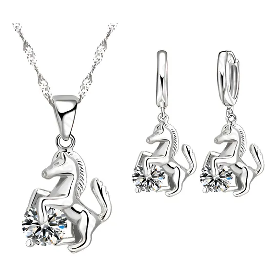 Colar Feminino Prata 925 Brincos Cavalo Pedra Zircônia 356 Cor Prateado Foto 1