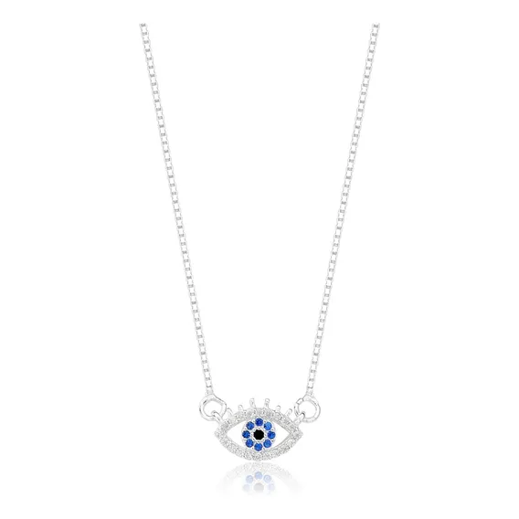 Colar Feminino Prata 925 Legítima Olho Grego Cravejado Azul Foto 1