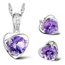 Colar Feminino Prata Folheado Ametista Pedra Roxa + Brincos Cor Prateado Foto mini 1