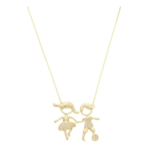 Colar Filhos Casal Pedras Zirconias Semi Joias Banhado Ouro Cor Dourado Foto 1