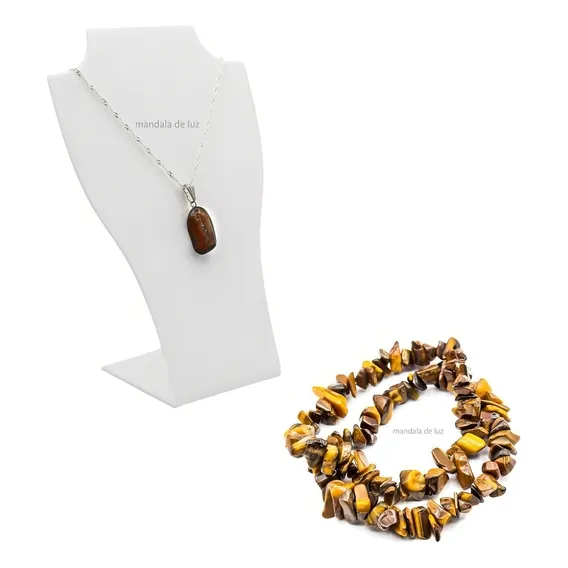 Colar Folheado De Olho De Tigre E 2 Pulseiras De Cascalho Foto 1