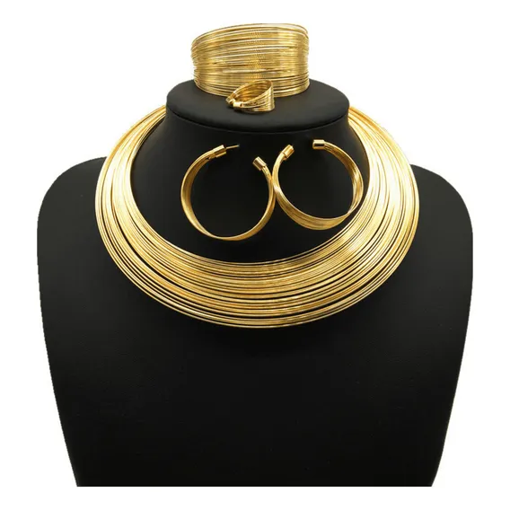 Colar Gargantilha Africano + Brinco Pulseira Anel Dourado Foto 1