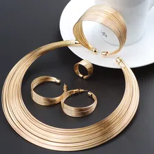Colar Gargantilha Africano + Brinco Pulseira Anel Dourado Foto mini 4