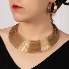 Colar Gargantilha Africano + Brinco Pulseira Anel Dourado Foto mini 2