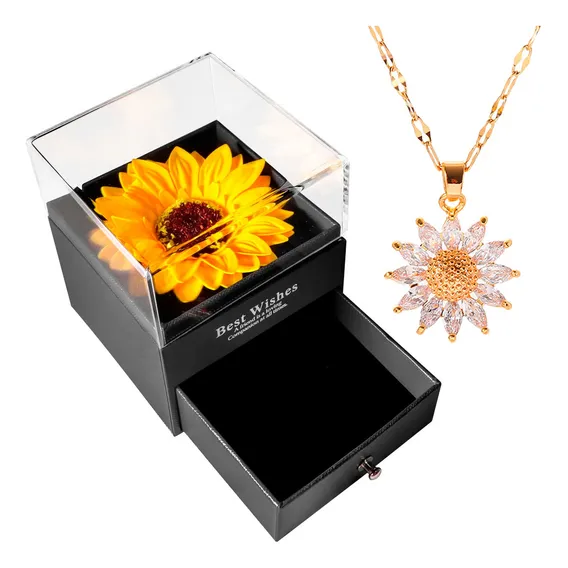 Colar Girassol Flor Eterna Caixa Presente Namorada Mulher Cor Dourado Foto 1