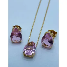 Colar Gota Pedraria Turmalina Rosa Brincoc Casual Semijoiaa Foto mini 4