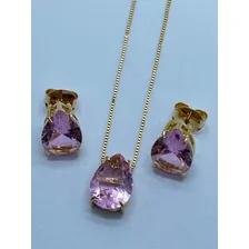 Colar Gota Pedraria Turmalina Rosa Brincoc Casual Semijoiaa Foto mini  3