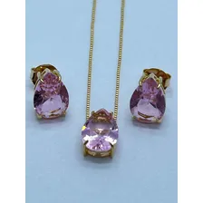 Colar Gota Pedraria Turmalina Rosa Brincoc Casual Semijoiaa Foto mini  2