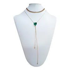 Colar Gravata Choker Escama Coração Verde Folheado Ouro Cor Dourado Foto mini  3