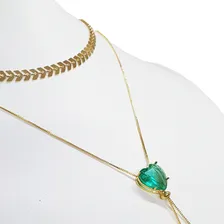 Colar Gravata Choker Escama Coração Verde Folheado Ouro Cor Dourado Foto mini  2