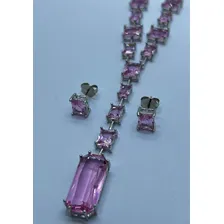 Colar Gravatinha Pedraria Rosa Semijoia Ródio Branco Cbrinco Foto mini  3