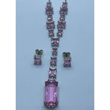 Colar Gravatinha Pedraria Rosa Semijoia Ródio Branco Cbrinco Foto mini  2