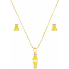 Colar Infantil Vestido Princesa C/brinco Esmaltado Semijoia Cor Dourado Foto  mini 1