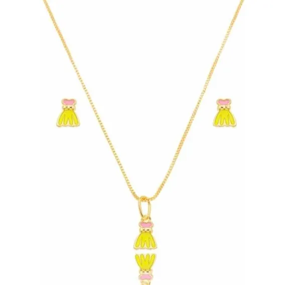 Colar Infantil Vestido Princesa C/brinco Esmaltado Semijoia Cor Dourado Foto 1