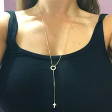 Colar Longo Cruz E Zirconias Banhado A Ouro 18k Cor Dourado Foto mini 2