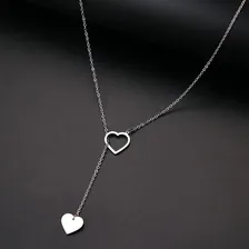 Colar Longo Duplo Corações Aço Inoxidável Não Enferruja Cor Prateado Foto mini  3