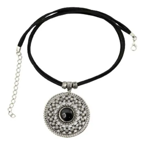 Colar Mandala De Couro Preto Com Pedra Bijuterias Foto 1