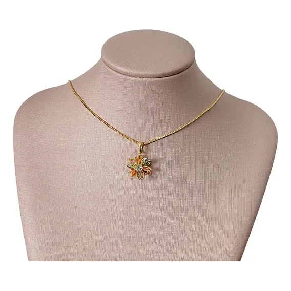 Colar Margarida Flor Zirconia Colorido Folhedo A Ouro 18k Foto 1