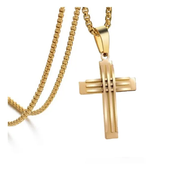 Colar Masculino 60cm Crucifixo Dourado Cruz Folheado Ouro 18 Foto 1