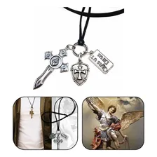 Colar Masculino Escudo Espada São Miguel Arcanjo Prata Velha Foto mini 1