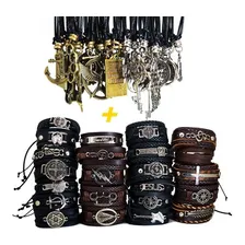 Colar Masculino /fem. E Pulseira De Couro 30 Peças Atacado Cor Preto Foto  mini 1